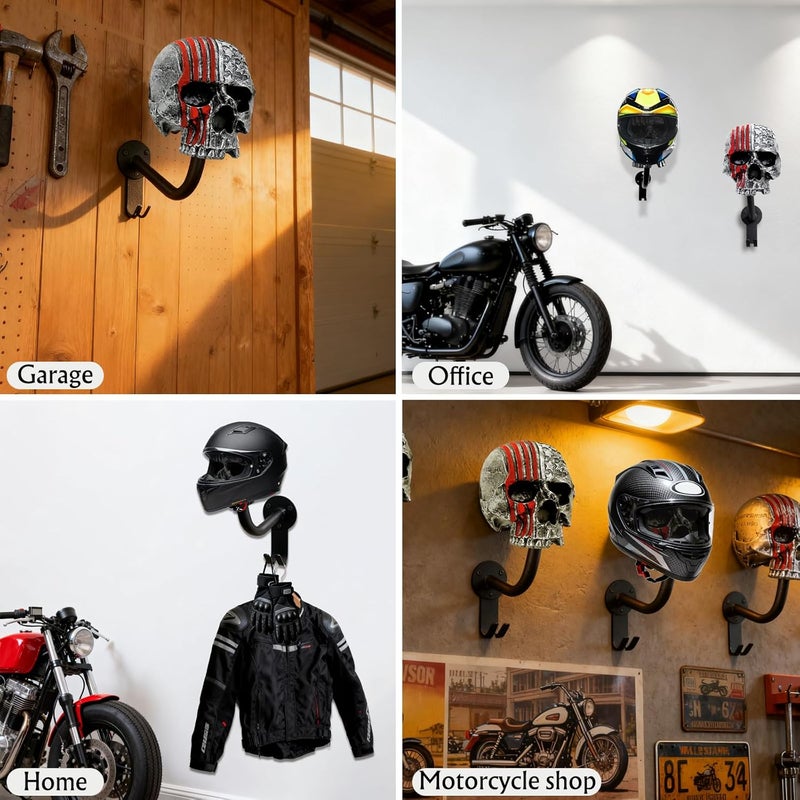 Tooyuart Motorcycle Helmet Rack Wall Mount,Red Skull Helmet Holder Wall Mount with 2 Hooks Helmet Hanger for Coats, Caps, Baseballs and Rugby Helmet,Motorcycle Accessories - Image 5